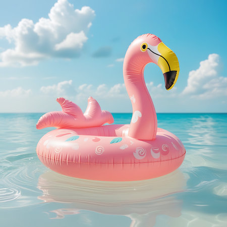A pink inflatable flamingo pool float floats on the surface of clear, shallow ocean water. The float has a yellow beak and decorative pink feather details, with a subtle pattern of shells and swirls on its body. The background consists of a bright blue sky with soft white clouds and the distant ocean.の素材