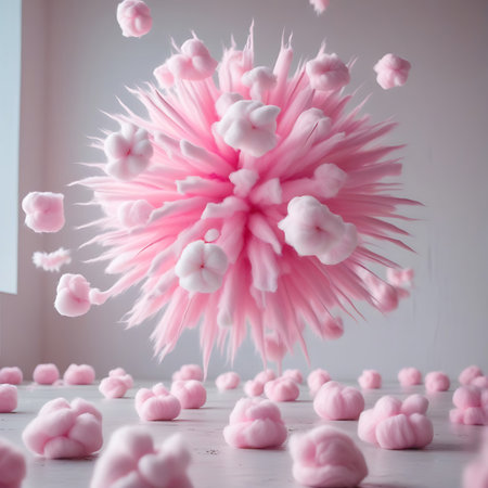 An abstract composition featuring a large, pink, spiky sphere as the central element. Numerous small, fluffy white cotton balls are scattered around the sphere, with some floating in the air and others resting on a light-colored surface. The background is minimalist and bright, with a hint of a window on the left. The overall aesthetic is soft, delicate, and surreal, evoking a sense of lightness and whimsy.の素材