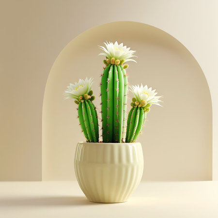 A green saguaro cactus, potted in a light cream-colored ribbed pot, is showcased in front of a soft, neutral archway. The cactus features several white blooms at its apex and along its sides, with visible spines and segmented structure. The lighting is soft and warm, creating a serene atmosphere. The image is a studio shot with a clean, uncluttered background.の素材