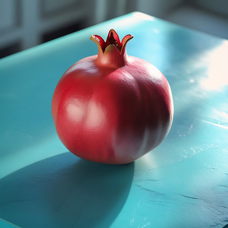 A single, ripe red pomegranate sits prominently on a textured turquoise surface. Sunlight casts a distinct shadow and highlights the fruit's smooth, textured skin. The background is softly blurred, drawing attention to the vibrant color and form of the pomegranate.の素材