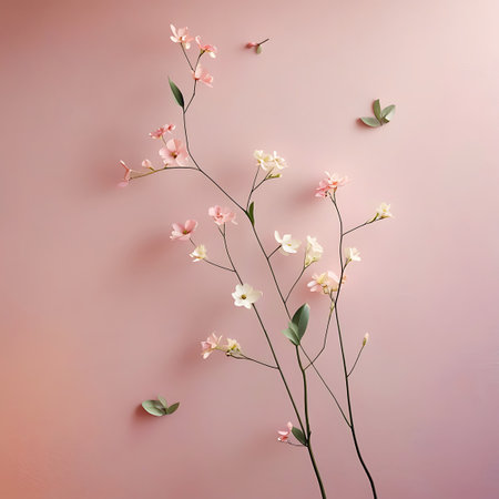 This image showcases slender branches with a scattering of small pink and white flowers and a few detached green leaves, all presented against a soft, gradient pink background. The arrangement is airy and minimalist, emphasizing the delicate nature of the flora.の素材