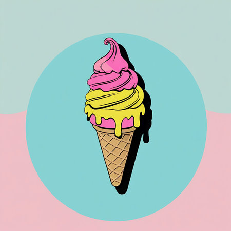 A stylized illustration of a pink and yellow soft serve ice cream cone. The ice cream is swirled and has yellow drips melting down the sides. The cone is a classic waffle cone texture. The background features a pastel pink and blue color block with a light blue circle behind the ice cream, casting a dark shadow.の素材