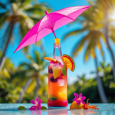A tall glass bottle filled with a vibrant, layered tropical cocktail sits on a reflective surface. The drink contains ice cubes, berries, slices of orange and mango, and a lime wedge. A bright pink cocktail umbrella is open above the bottle, and a small pink umbrella is attached to the side. Tropical flowers and fruit slices are scattered around the base. In the background, blurred palm trees and a bright blue sky suggest a sunny beach setting.の素材