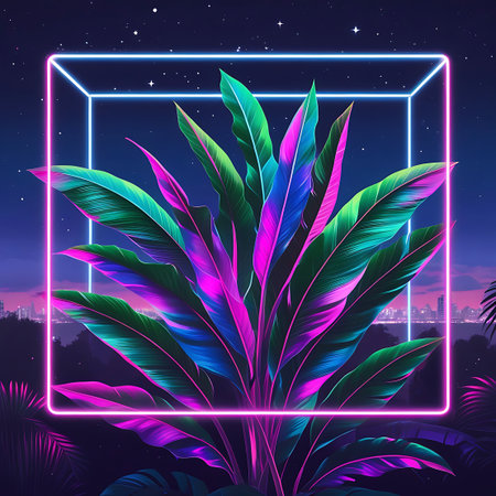 A lush tropical plant with large, vibrant leaves in shades of green, blue, pink, and purple is enclosed within a glowing neon pink and blue square frame. The background depicts a stylized cityscape at night under a dark sky dotted with faint stars. The overall aesthetic is futuristic and vibrant, with the neon lights casting a colorful glow.の素材