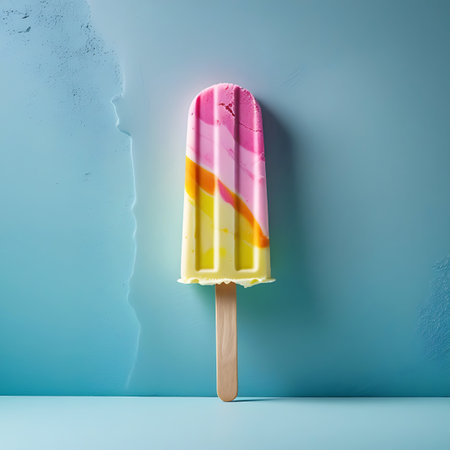 A tall, rectangular popsicle with a unique diagonal stripe pattern of pink, yellow, and orange is displayed on a wooden stick. The frozen dessert is set against a soft blue background with subtle textured details, creating a clean and artistic presentation. This studio shot emphasizes the vibrant, layered colors and the refreshing nature of the popsicle, making it an appealing visual for summer treats.の素材