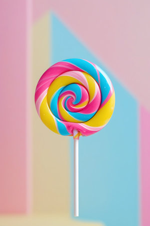 A single, round lollipop with a prominent spiral design is presented against a soft, pastel background. The lollipop features vibrant swirls of pink, bright blue, and yellow. It is attached to a plain white stick. The image is a close-up studio shot, emphasizing the texture and colors of the candy.の素材