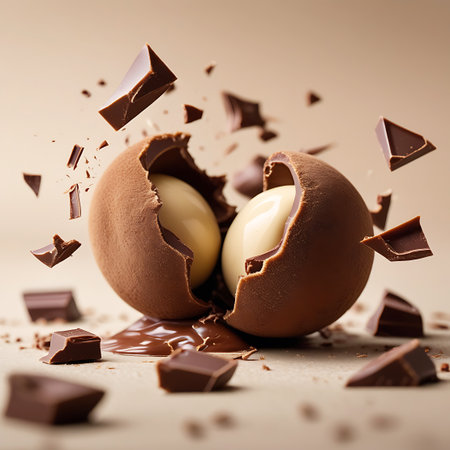 Two spherical chocolate shells are cracked open, exposing smooth, white creamy centers. Shards of chocolate are suspended in the air and scattered on the surface, creating a sense of motion and delicious anticipation. The lighting is soft and diffused, emphasizing the textures and colors.の素材