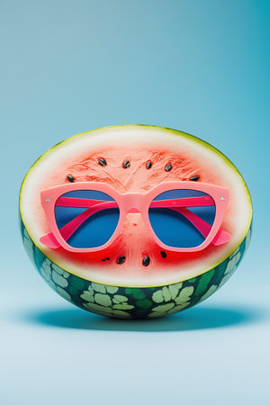 A halved watermelon with its red flesh and black seeds is positioned upright, wearing a pair of bright pink sunglasses with blue lenses. The fruit sits against a smooth, gradient blue background, creating a vibrant and playful summer-themed image.の素材