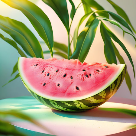 A slice of watermelon, with its textured pink flesh and green rind, sits on a smooth, colorful surface that blends shades of pink and teal. Lush green tropical leaves are positioned behind and around the fruit, catching warm yellow light and casting dappled shadows. The overall image evokes a sense of freshness and summer.の素材