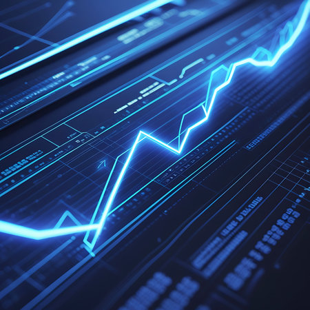 An abstract, digital representation of a financial graph displays a bright blue, glowing line charting an upward trend against a dark, textured background. The graph is overlaid with digital grids, data points, and subtle text elements, suggesting a complex system of financial information and analysis. The overall aesthetic is futuristic and dynamic, emphasizing growth and technological advancement.の素材