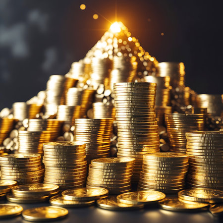 A massive, irregular pile of gold coins forms a mountainous shape, catching the light and creating a dazzling, sparkling effect. The coins are densely packed, with many individual coins visible at the front, reflecting the warm, golden light. The background is a deep, dark tone, making the illuminated coins stand out dramatically.の素材