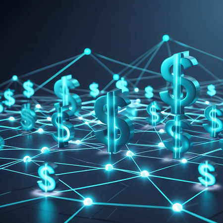 Numerous three-dimensional dollar signs, rendered in a bright, glowing cyan, are scattered across a dark background. They are interconnected by thin, luminous blue lines that form a complex network with small, glowing blue nodes at the intersections. The perspective is low, emphasizing the depth and vastness of the digital financial network. The overall image conveys a sense of digital currency and interconnected financial systems.の素材