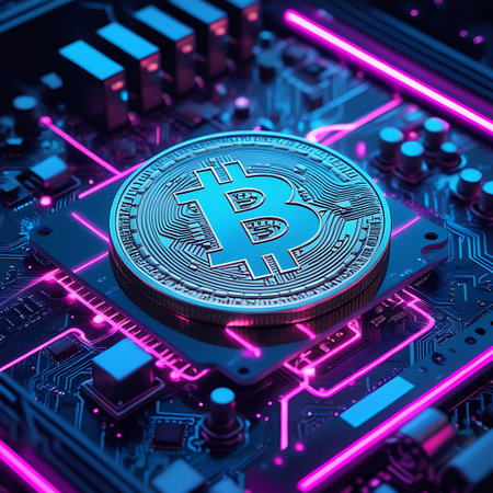 A close-up perspective of a Bitcoin coin positioned centrally on a detailed electronic circuit board. The board is adorned with glowing pink neon lines and blue components, highlighting the intricate pathways of technology. The Bitcoin coin has a silver-toned finish with a clear blue Bitcoin symbol etched onto its surface, set against a dark, technologically advanced backdrop.の素材