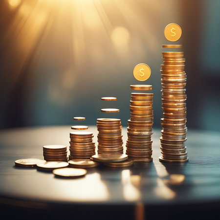 Stacks of gold coins are arranged in an ascending staircase pattern on a dark, reflective surface. Some coins appear to be floating above the stacks, with prominent dollar signs on their faces. Golden sun rays stream in from the upper left, illuminating the coins and creating a sense of growth and prosperity.の素材