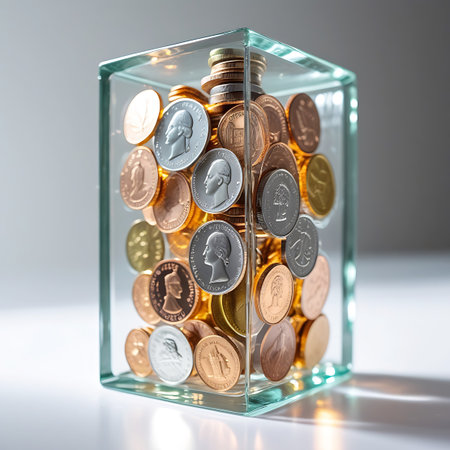 A clear glass cube is filled with a diverse assortment of coins of various sizes, colors, and designs. The coins are densely packed, with some stacked and others scattered throughout the container. The transparent nature of the cube allows for a clear view of the different metallic currencies, suggesting themes of financial diversity and accumulation.の素材