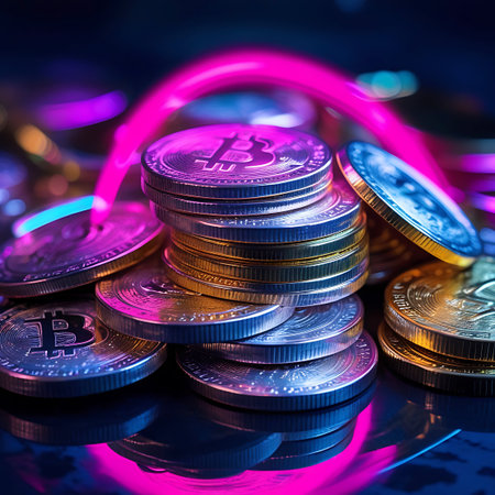 A stack of metallic coins, some featuring the Bitcoin symbol, are illuminated by a bright pink neon light that curves around them. The coins are piled in a close-up view, showcasing their metallic sheen and reflective surfaces. The background is dark and blurred, emphasizing the illuminated coins.の素材