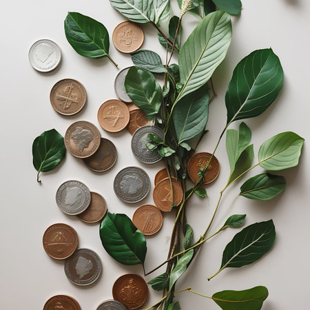 An overhead view of various coins, including silver, copper, and bronze denominations, are scattered across a clean white background. Interspersed among the coins are fresh green leaves and a thin branch with more foliage. The coins display different designs and textures, some appearing older than others. The arrangement combines elements of finance and nature.の素材