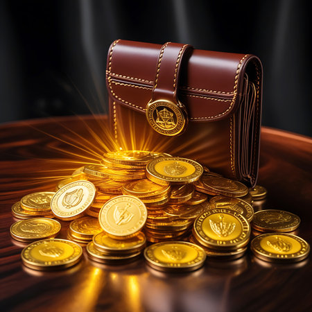 A brown leather wallet is shown tilted, with a large pile of shiny gold coins spilling out of it. Golden light rays emanate from the pile of coins, creating a glowing effect. The wallet has a buckle and stitching details. The coins are stacked and scattered, reflecting light and suggesting immense wealth. The background is dark and softly blurred, focusing attention on the wallet and coins.の素材