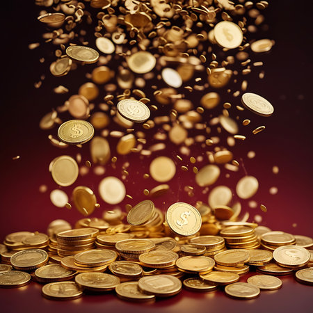 A dramatic scene of countless gold coins cascading from an unseen source and accumulating in a large pile on a dark red surface. The coins are in mid-air and on the growing mound, creating a sense of motion and overwhelming wealth. The lighting highlights the metallic luster of the coins, with some appearing blurred due to their rapid descent. The background is a deep, rich red, providing a stark contrast to the gleaming gold.の素材