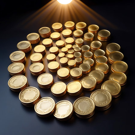 This image presents a large, circular arrangement of stacked gold coins, meticulously organized on a dark, smooth surface. The coins are predominantly gold, with some appearing to have intricate engraved designs on their faces. A powerful overhead light source illuminates the entire collection, creating bright, specular highlights on the metallic surfaces and casting soft shadows that define the edges of each coin and stack. The arrangement is dense and orderly, conveying a sense of immense...の素材