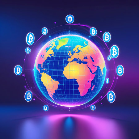 A stylized representation of the Earth, glowing with colorful continents, is surrounded by a ring of floating, illuminated Bitcoin symbols. The background is a dark, abstract digital space with neon purple and blue light effects, suggesting a worldwide cryptocurrency network.の素材