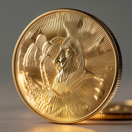 An extreme close-up shot focuses on a single, highly detailed golden coin. The coin features a raised profile of a warrior's head, with intricate lines representing hair, helmet, and facial features. The surface of the coin is highly reflective, showcasing the warm glow of gold and the sharp details of the engraving. The edge of the coin is visible, and a hint of another coin is blurred in the background.の素材