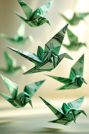 A group of origami cranes, expertly folded from US dollar bills, appear to be in flight against a softly lit, neutral background. The distinctive green of the currency is prominent, with visible details of the bills forming the elegant shapes of the paper birds. The image conveys a sense of financial movement, wealth, and artistic expression through the medium of money.の素材