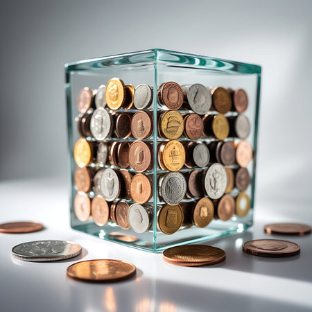 A clear glass cube is completely filled with stacks of various coins, both silver and gold colored. Some coins are visible from the sides, showing their intricate designs. Scattered around the base of the cube on a light gray surface are several individual coins, some lying flat and others at an angle. The lighting creates soft shadows and highlights on the coins and the glass.の素材