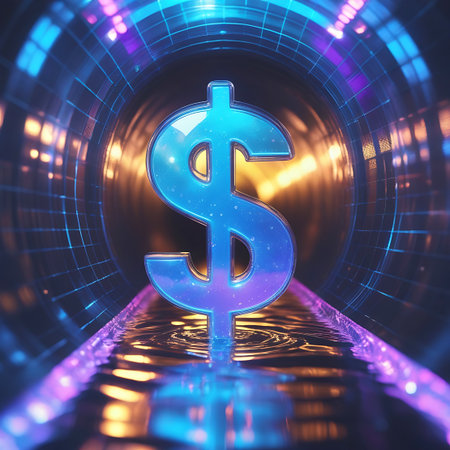 A luminous, metallic blue dollar sign with purple and pink gradients floats in the center of a futuristic, circular tunnel. The tunnel walls are lined with glowing blue and pink lights and a grid pattern. The dollar sign is reflected in the rippling, watery surface below, creating a sense of depth and motion. The overall aesthetic is high-tech and abstract, suggesting concepts of digital finance or virtual wealth.の素材