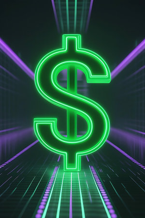 A large, vibrant green neon dollar sign is prominently displayed in the center of the image. It glows brightly against a dark, futuristic background composed of glowing purple lines and a grid-like floor, creating a sense of depth and a digital tunnel effect. The neon light casts an aura around the symbol, suggesting technology and financial concepts.の素材