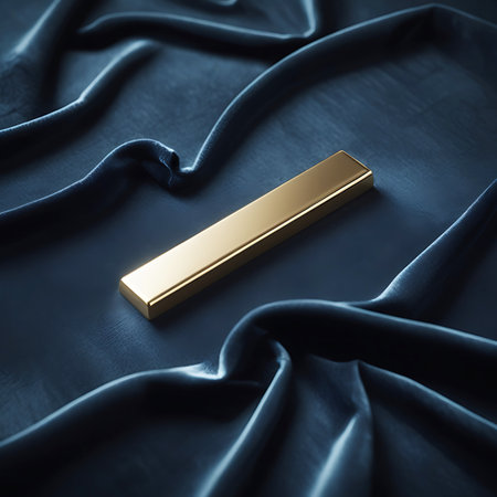 A highly polished gold bar lies horizontally across a dark blue, flowing fabric. The material of the fabric is soft and appears to be silk or satin, with deep shadows and soft highlights highlighting its draped form. The gold bar's surface is smooth and reflective, mirroring the dark blue tones of the fabric. The image conveys a sense of luxury and financial value.の素材