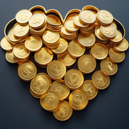 A collection of gold coins is arranged in the shape of a heart on a dark, textured surface. The coins are round and metallic, with various abstract symbols embossed on their surfaces. They are piled and scattered, creating a sense of abundance and wealth. The lighting highlights the shiny, reflective nature of the gold, emphasizing its value and allure.の素材