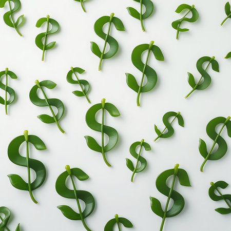 A repeating pattern of green dollar signs, each formed from natural leaves and stems, are scattered across a clean white background. The leaves are a vibrant green, with subtle veins visible. The arrangement is randomized, creating a visually interesting and conceptual representation of financial growth and nature.の素材