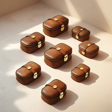 A collection of brown leather jewelry boxes of varying sizes is arranged on a light-colored surface. Each box features a gold buckle and zipper closure, exuding a vintage and elegant aesthetic. The lighting casts soft shadows, emphasizing the texture of the leather and the metallic hardware.の素材