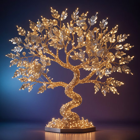 A decorative artificial tree with a twisted trunk and branches adorned with sparkling crystal leaves and numerous small, warm white LED lights. The tree is illuminated, casting a warm glow and creating a magical, festive atmosphere. The base is also covered in lights, and the background transitions from a deep blue to a soft purple.の素材
