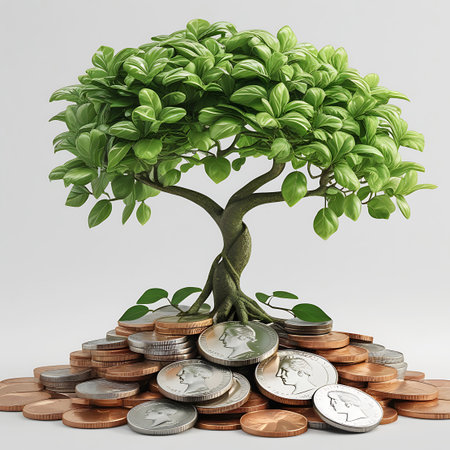 A stylized green tree with a prominent, twisted trunk stands tall, its roots embedded in a substantial pile of mixed metal coins. The tree has abundant green leaves, and small shoots emerge from the base of the trunk. The coins, primarily copper and silver, are densely packed, forming a foundation for the tree. The background is a plain, light gray.の素材