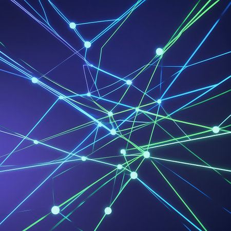 This abstract image showcases a dense network of glowing blue and green lines connecting small, luminous spheres. The intricate web of connections forms a complex, geometric structure against a deep blue-purple gradient background. The visual suggests a dynamic and interconnected system, possibly representing data flow, digital communication, or a scientific concept.の素材