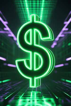 A striking neon green dollar sign is centrally positioned on a dark, abstract digital surface. The surface is composed of intersecting lines and geometric shapes in shades of green and purple, giving it a technological and futuristic appearance. The dollar sign is intensely illuminated, with a bright neon halo, and its reflection is visible on the glossy surface.の素材