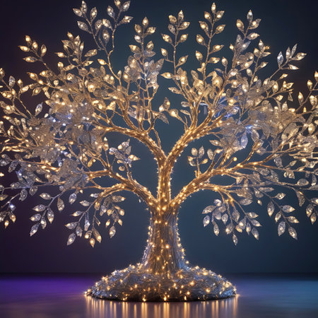 A captivating illuminated tree sculpture stands against a dark background. Its branches are adorned with numerous small, twinkling lights in warm and cool tones, and its leaves appear to be made of glittering silver material. The trunk and base are also covered in lights, creating a magical and enchanting effect.の素材