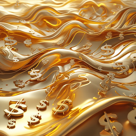 A mesmerizing abstract background composed of undulating golden waves, resembling molten gold. Scattered across the shimmering surface are numerous three-dimensional dollar signs, creating a visual representation of wealth, abundance, and financial prosperity. The lighting creates bright highlights and deep reflections.の素材