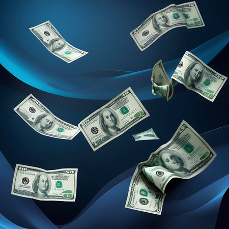 Multiple US hundred dollar bills are depicted floating and scattered against a dark blue abstract background with swirling light blue patterns. The bills are shown from various angles, some appearing to be in motion. The lighting highlights the texture and details of the currency.の素材