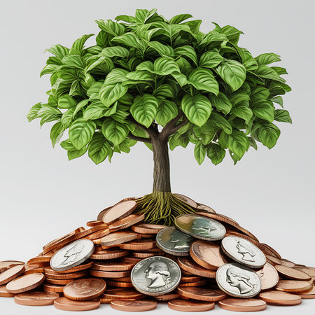 A verdant green tree with a distinctively twisted trunk emerges from a generous pile of coins. The tree's roots are intertwined with the metallic currency. The coin pile is composed of numerous copper and silver coins, forming a dense, uneven surface. The background is a simple, light gray.の素材