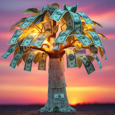 A conceptual image of a tree with US dollar bills as leaves and trunk, set against a vibrant sunset sky. The money is illuminated from within, suggesting growth and prosperity. The ground is dry and textured, with the tree's base also covered in dollar bills.の素材