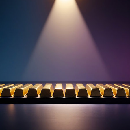 A long, straight row of polished gold bullion bars is displayed on a dark, reflective surface. A bright spotlight shines down from above, casting a strong beam of light that creates a distinct highlight on the bars and produces soft, elongated shadows. The background is a gradient of blue and purple.の素材