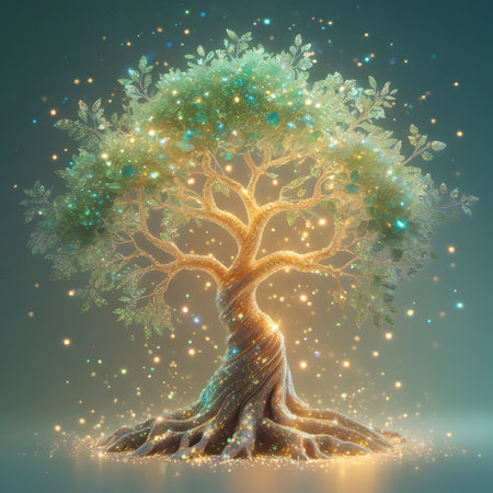 A luminous tree with a gracefully twisted trunk and a full canopy of leaves is depicted. The leaves and branches are covered in a delicate scattering of golden and green sparkles, with small points of light appearing throughout. The tree's roots are spread out and also dusted with shimmering particles. A soft, golden light seems to emanate from the center of the tree, illuminating the surrounding area. The background is a smooth, gradient blend of soft blues and greens.の素材