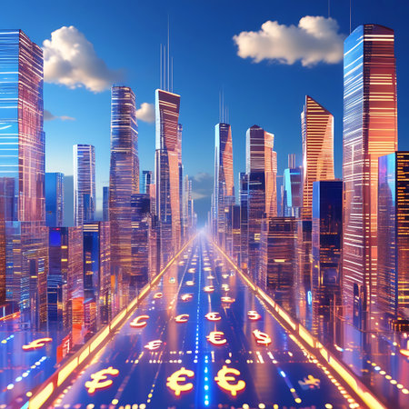 A contemporary city skyline is depicted with sleek skyscrapers reaching towards a bright blue sky dotted with clouds. A luminous street stretches into the distance, lined with glowing European and US currency symbols. The reflections of the city lights and symbols shimmer on the wet-looking surface, creating a dynamic and technologically advanced atmosphere.の素材