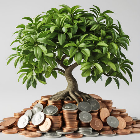 A vibrant green tree with lush foliage is rooted in a large, overflowing mound of assorted coins. The coins are a mix of copper, silver, and gold tones, stacked and spread out. The tree's trunk is thick and textured, with its roots visibly spreading into the coin pile. The background is a clean, light gray.の素材