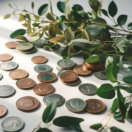 A collection of various coins, in shades of silver, copper, and bronze, are spread across a bright white surface. Lush green eucalyptus branches with numerous leaves are artfully arranged amongst the coins, creating a visually appealing contrast between metallic currency and organic plant life. The coins are varied in size and design, some appearing stacked.の素材