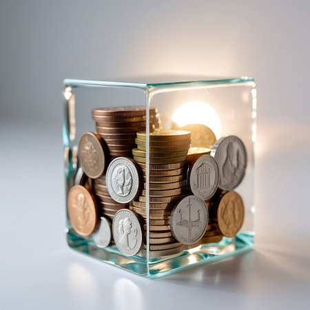 A clear glass cube contains a mix of coins, some neatly stacked and others loosely scattered. The coins display a variety of metallic tones, including gold, silver, and copper, and feature different designs and portraits. The lighting creates a bright, almost ethereal glow within the cube, emphasizing the visual appeal of the coin collection.の素材
