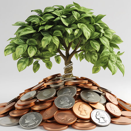 A healthy green tree with a twisted trunk is firmly planted in a large mound of various coins. The tree's leaves are full and vibrant, and its roots are visible spreading into the coin collection. The pile consists of numerous copper and silver coins, creating a textured base. The background is a neutral, light gray.の素材